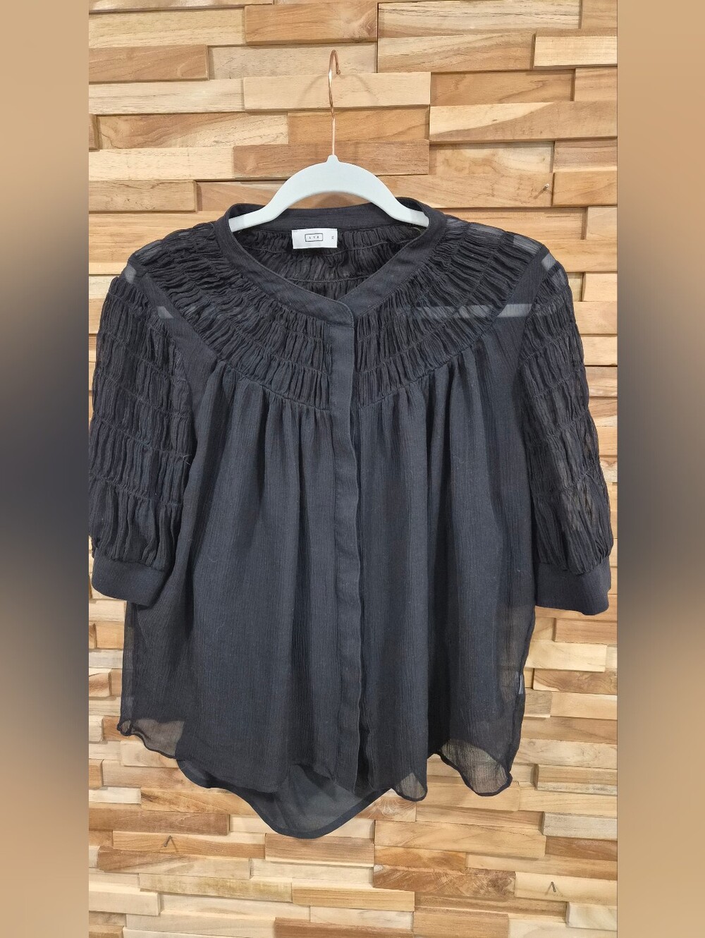 AYR Black Smocked Yoke Sheer Blouse - Size XL